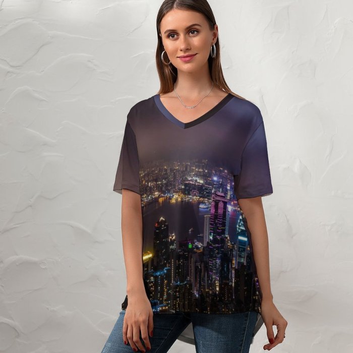 yanfind V Neck T-shirt for Women Peter Y. Chuang Hong Kong City Skyscrapers Night Time Cityscape Aerial City Summer Top  Short Sleeve Casual Loose