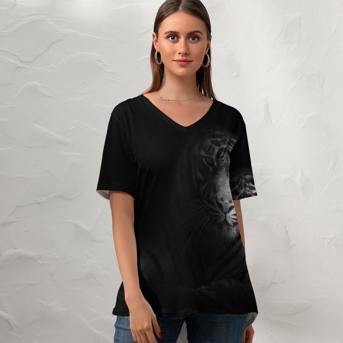 yanfind V Neck T-shirt for Women Randy Rodriguez Black Dark Tiger Bengal Tiger Summer Top  Short Sleeve Casual Loose