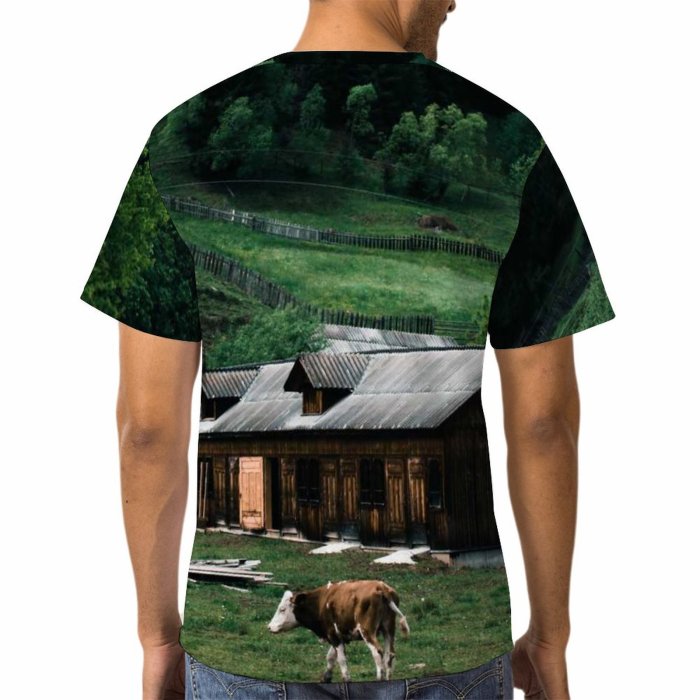 yanfind Adult Full Print T-shirts (men And Women) Wood Landscape Agriculture Farm Grass Hut Fence Home Outdoors Cow Rural Family