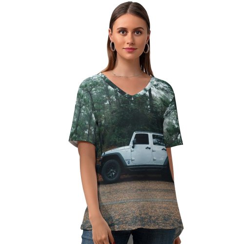 yanfind V Neck T-shirt for Women Land Flora Suv Wallpapers Car Tree States Automobile Road Forest Pictures Summer Top  Short Sleeve Casual Loose