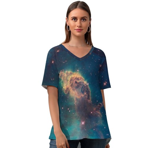 yanfind V Neck T-shirt for Women Space Carina Nebula Constellation Space Dust Astronomy Outer Space Galaxy Star Birth Summer Top  Short Sleeve Casual Loose