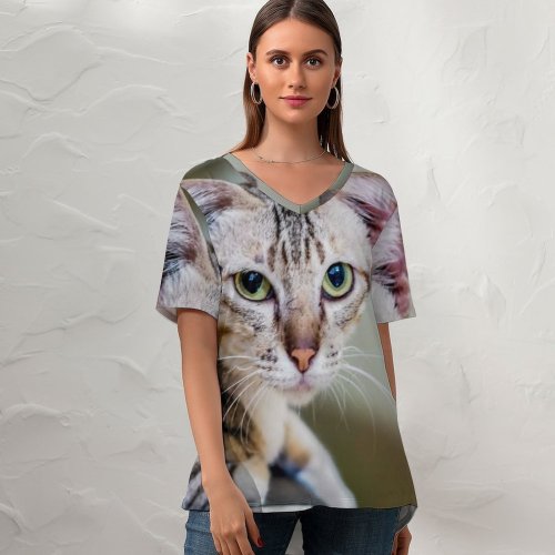 yanfind V Neck T-shirt for Women Lovely Pet Manx Public Wallpapers Abyssinian Phnom Cambodia Pictures Chair Room Summer Top  Short Sleeve Casual Loose