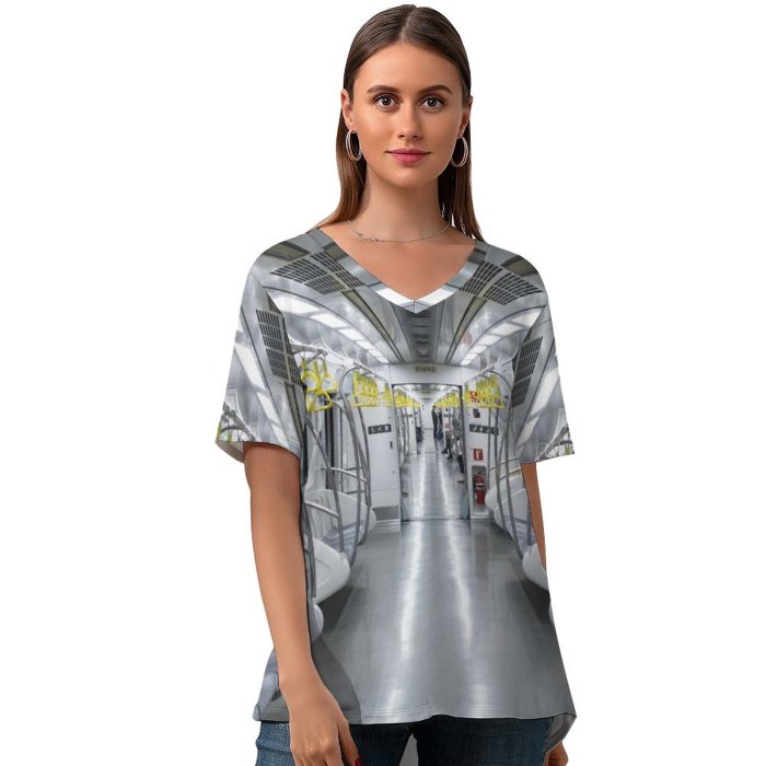 yanfind V Neck T-shirt for Women Terminal Train Station Quiet Empty Metro Urban Free Subway Pictures Street Summer Top  Short Sleeve Casual Loose