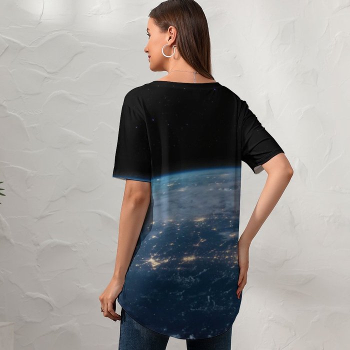 yanfind V Neck T-shirt for Women Space SciFi Earth Spaceship Night Summer Top  Short Sleeve Casual Loose