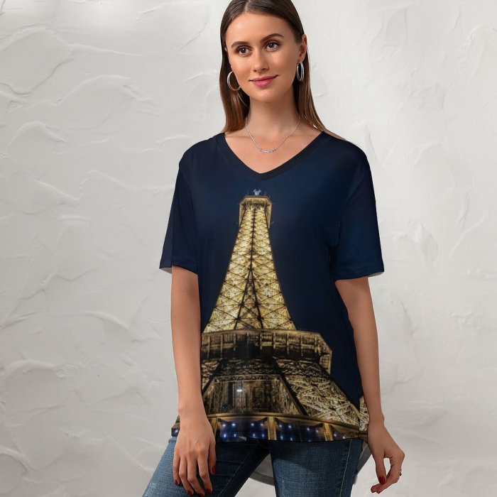 yanfind V Neck T-shirt for Women Samuele Giglio Architecture Eiffel Tower Paris France Dark Night Lights Steel Structure Summer Top  Short Sleeve Casual Loose