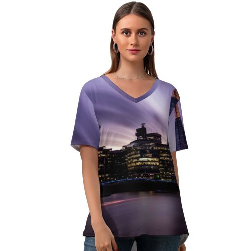 yanfind V Neck T-shirt for Women Shard London England Landmark Cityscape City Lights Skyscrapers River Thames City Hall Summer Top  Short Sleeve Casual Loose