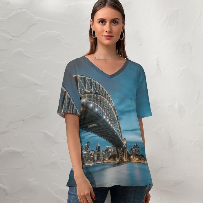 yanfind V Neck T-shirt for Women Sydney Harbour Bridge Milsons Point Australia Cityscape River Night Lights Sky Summer Top  Short Sleeve Casual Loose