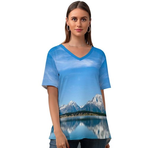 yanfind V Neck T-shirt for Women Sharon Kehl Califano Grand Teton National Park Mountains Lake Clear Sky Sky Summer Top  Short Sleeve Casual Loose