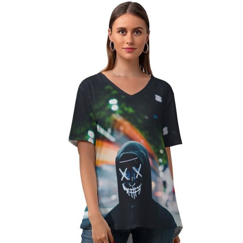 yanfind V Neck T-shirt for Women Persons Neon Hoodie Anonymous Summer Top  Short Sleeve Casual Loose