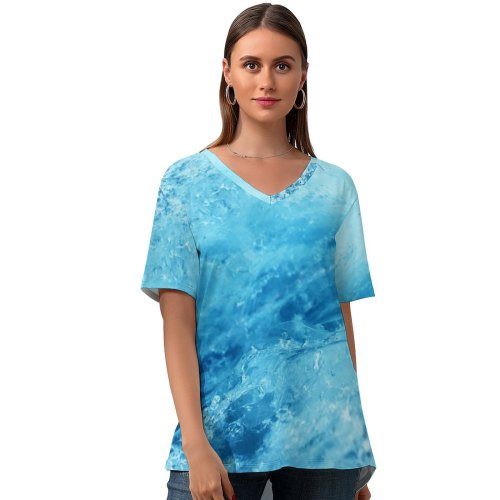 yanfind V Neck T-shirt for Women W Ocean Freezing Trail Vibes Wallpapers Sea Waves Juneau Teal Outdoors Summer Top  Short Sleeve Casual Loose