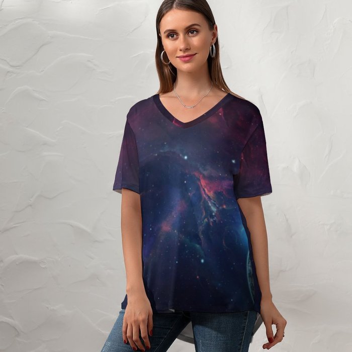 yanfind V Neck T-shirt for Women Space Planet Astronomy Galaxy Nebula Cosmos Summer Top  Short Sleeve Casual Loose