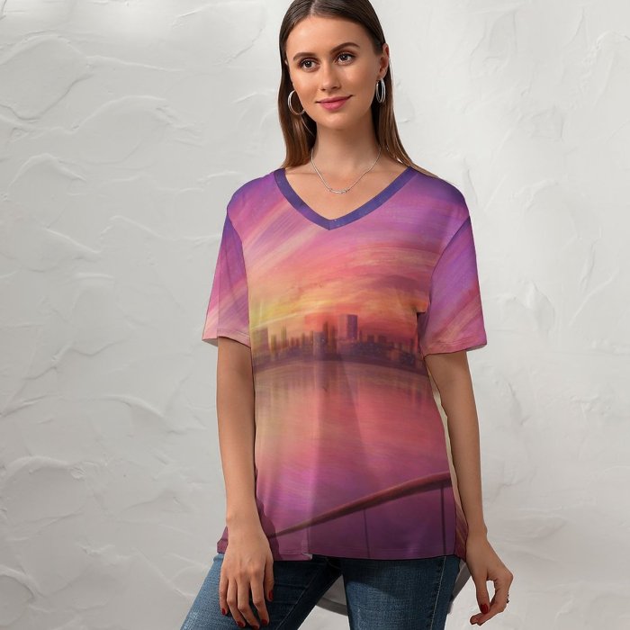 yanfind V Neck T-shirt for Women RicoDZ Fantasy Girl Dream Sunrise Artwork Cityscape Bridge Girly Summer Top  Short Sleeve Casual Loose