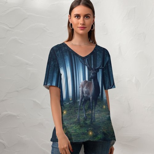 yanfind V Neck T-shirt for Women Oliver Henze Fantasy Hirsch Wild Woods Forest Tall Trees Foggy Summer Top  Short Sleeve Casual Loose