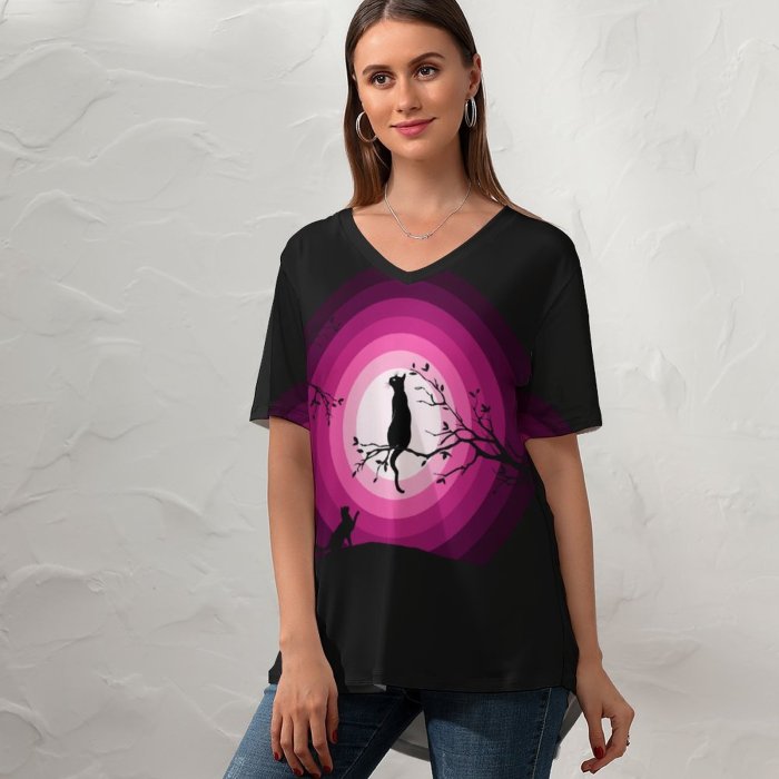 yanfind V Neck T-shirt for Women Suryapraveen Black Dark Minimal Cats Moon Silhouette Summer Top  Short Sleeve Casual Loose
