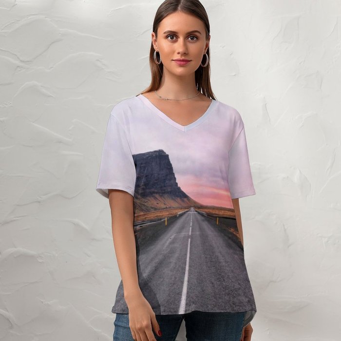 yanfind V Neck T-shirt for Women Rory Hennessey Open Road Cliff Horizon Landscape Plateau Iceland Calm Hill Sky Summer Top  Short Sleeve Casual Loose