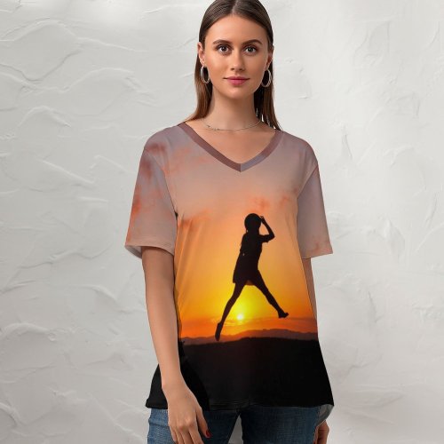 yanfind V Neck T-shirt for Women Sunrise Silhouette Jumping Girl Clouds Happy Mood Summer Top  Short Sleeve Casual Loose