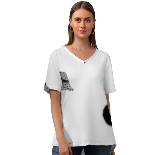 yanfind V Neck T-shirt for Women Minimal Splash B&W Blot HQ Public Wallpapers Simple Fountain Detail Writing Summer Top  Short Sleeve Casual Loose