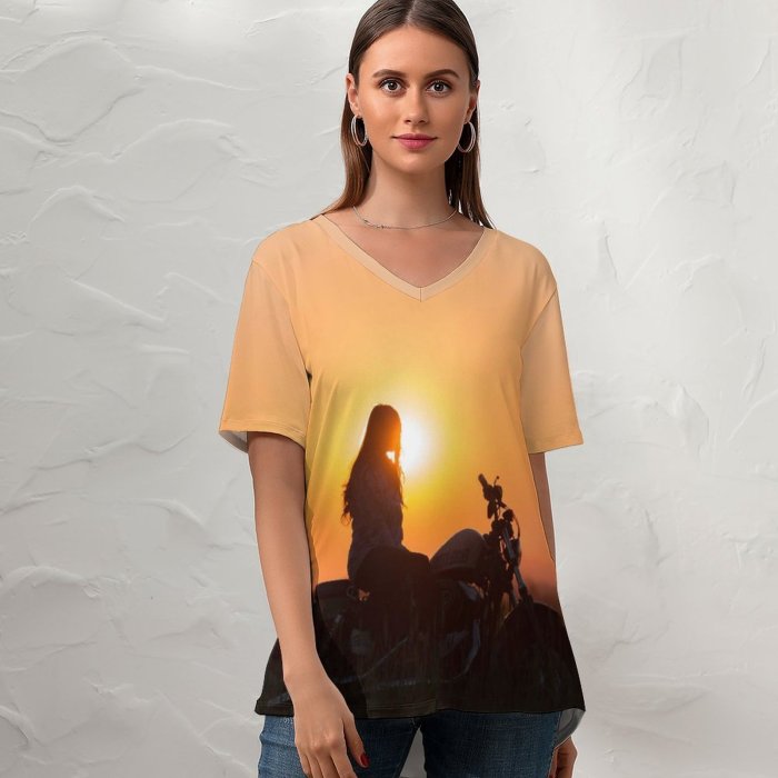yanfind V Neck T-shirt for Women Sunset Motorcycle Silhouette Golden Hour Summer Top  Short Sleeve Casual Loose