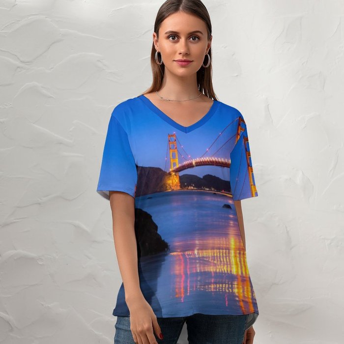 yanfind V Neck T-shirt for Women Romain Guy Golden Gate Bridge Reflection Night Lights Sky Clear Sky Landscape Summer Top  Short Sleeve Casual Loose