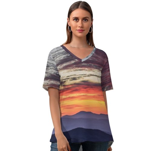 yanfind V Neck T-shirt for Women Ridge Parkway Ridge Mountains Aerial Sunrise Sky Cloudy Sky Landscape Mountain Range Summer Top  Short Sleeve Casual Loose