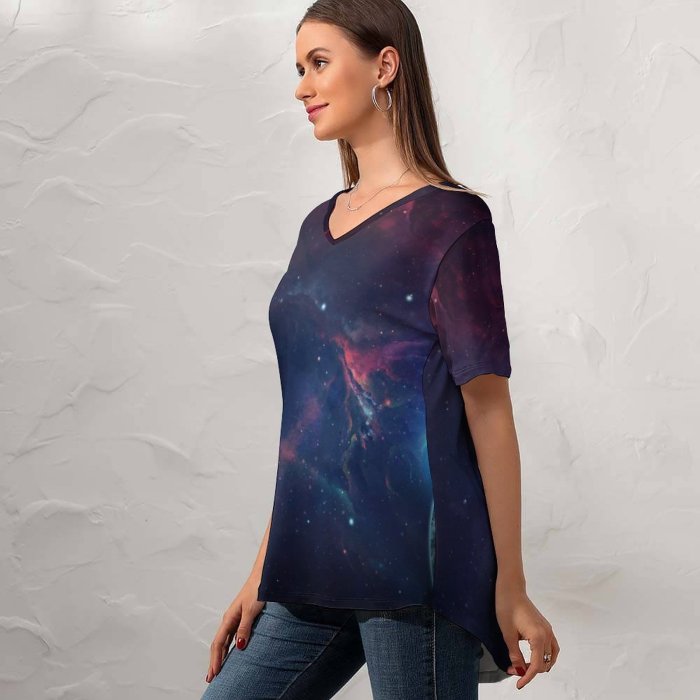 yanfind V Neck T-shirt for Women Space Planet Astronomy Galaxy Nebula Cosmos Summer Top  Short Sleeve Casual Loose
