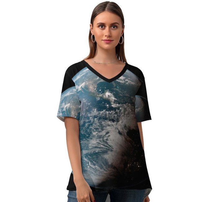 yanfind V Neck T-shirt for Women Yuri Samoilov Space Earth Planet Astronomy Night Daylight Summer Top  Short Sleeve Casual Loose