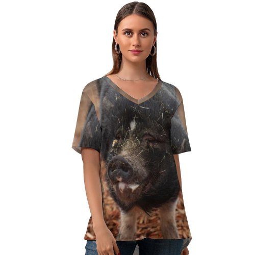 yanfind V Neck T-shirt for Women Sanctuary Hog Wallpapers Grey Pictures Happy Pig Boar Farm Stock Free Summer Top  Short Sleeve Casual Loose