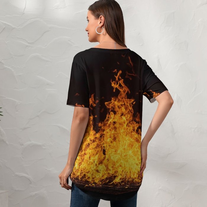 yanfind V Neck T-shirt for Women Ricardo Gomez Angel Black Dark Bonfire Dark Flames Night Summer Top  Short Sleeve Casual Loose