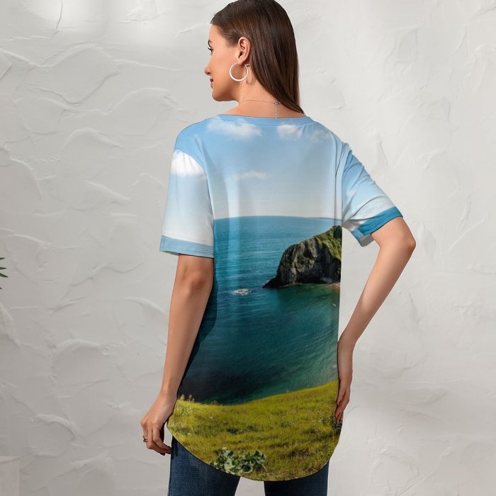 yanfind V Neck T-shirt for Women Youen California Durdle Door Coastline Beach Dorset England Summer Top  Short Sleeve Casual Loose