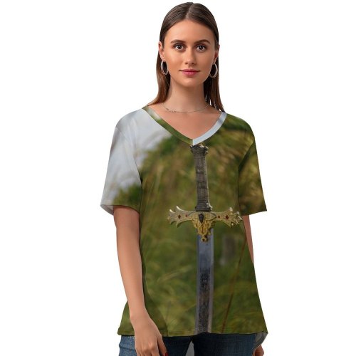 yanfind V Neck T-shirt for Women King Metal Filed Grass Fantasy Beach Alexander U. Tree Arthur Free Summer Top  Short Sleeve Casual Loose