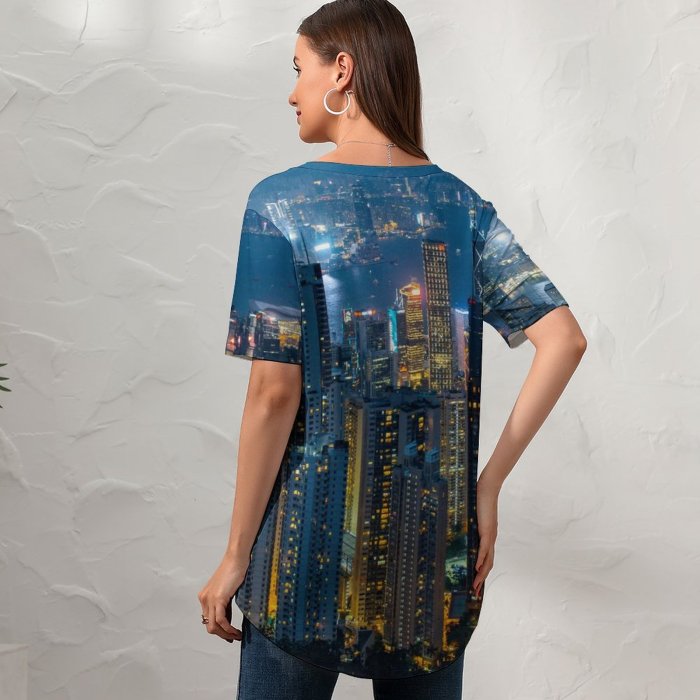 yanfind V Neck T-shirt for Women Ricardo Hong Kong City Cityscape City Lights Night Time Skyscrapers Aerial High Summer Top  Short Sleeve Casual Loose