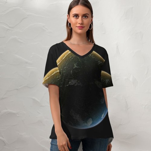 yanfind V Neck T-shirt for Women Space Black Dark Planet Earth Solar System Cosmos Universe Summer Top  Short Sleeve Casual Loose