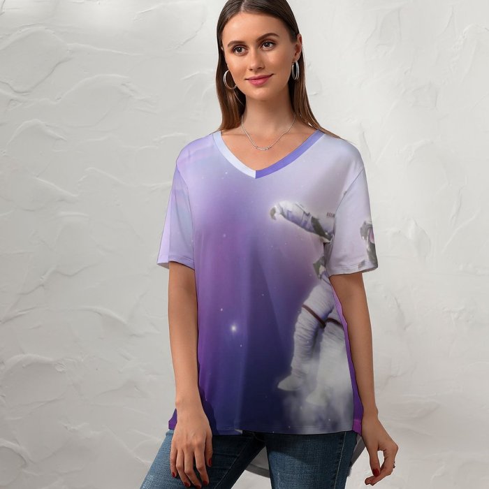 yanfind V Neck T-shirt for Women Space Astronaut Nebula Clouds Space Travel Space Adventure Summer Top  Short Sleeve Casual Loose