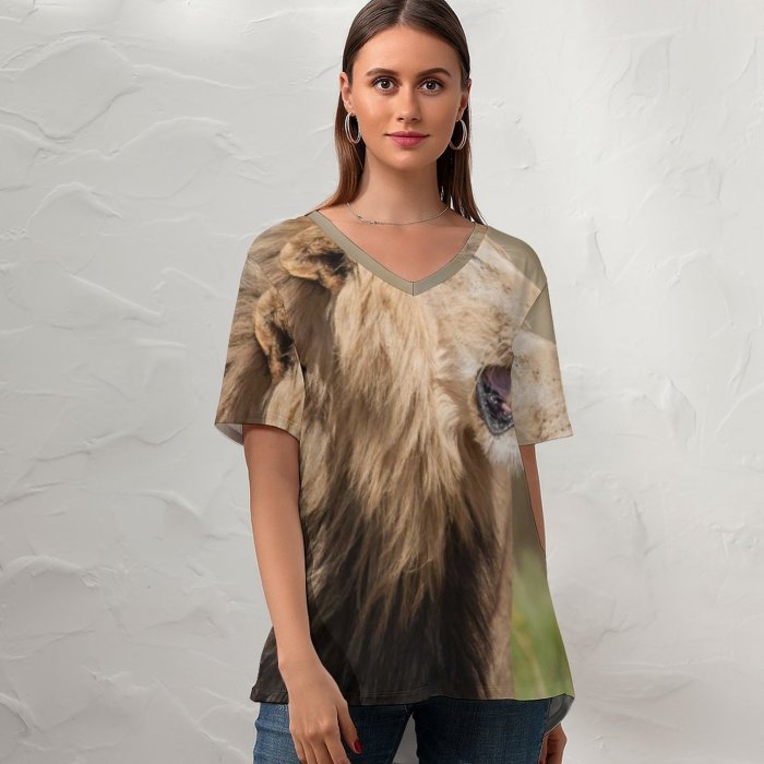 yanfind V Neck T-shirt for Women Kruger Southafrica Africa Wildlife Safari Fauna Free Simba Pictures Mane Bigfive Summer Top  Short Sleeve Casual Loose