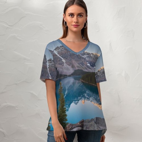 yanfind V Neck T-shirt for Women Sven Muller Moraine Lake Landscape Sunrise Mountains Summer Top  Short Sleeve Casual Loose