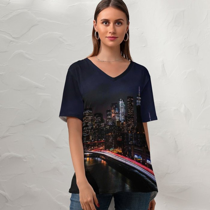 yanfind V Neck T-shirt for Women Zac Ong Black Dark York City Night Cityscape City Lights Timelapse Night Summer Top  Short Sleeve Casual Loose