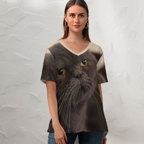 yanfind V Neck T-shirt for Women Lovely Pet Cafe Manx Wallpapers Closeup Stock Free Pictures Cat Grey Summer Top  Short Sleeve Casual Loose