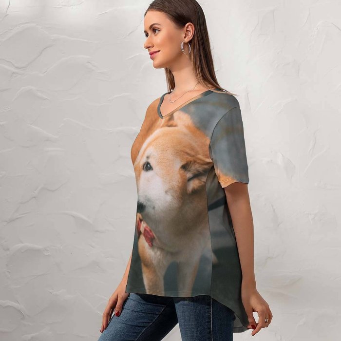 yanfind V Neck T-shirt for Women Lovely Pet HQ Mood Wallpapers Pup Shiba Pictures Moody Strap Flagstone Summer Top  Short Sleeve Casual Loose