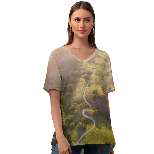 yanfind V Neck T-shirt for Women Land Landscape Aerial Wallpapers Plant Outdoors Tree Scenery Stock Free Art Summer Top  Short Sleeve Casual Loose
