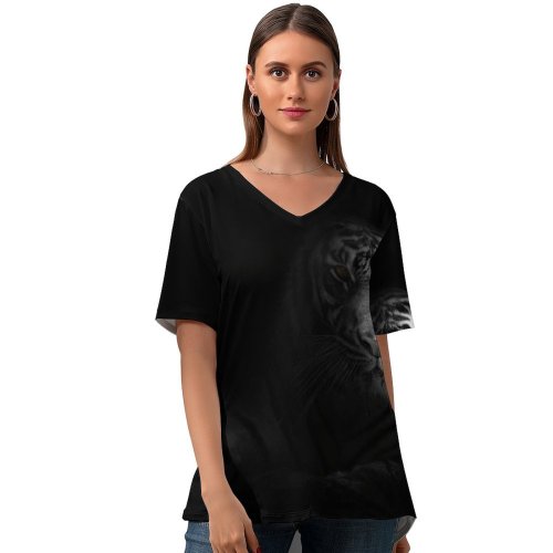 yanfind V Neck T-shirt for Women Randy Rodriguez Black Dark Tiger Bengal Tiger Summer Top  Short Sleeve Casual Loose