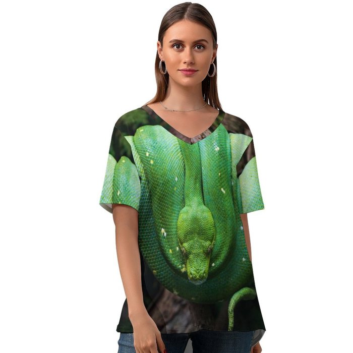 yanfind V Neck T-shirt for Women Python Snake Tree Branch Reptile Coiled Snake Forest Closeup Summer Top  Short Sleeve Casual Loose