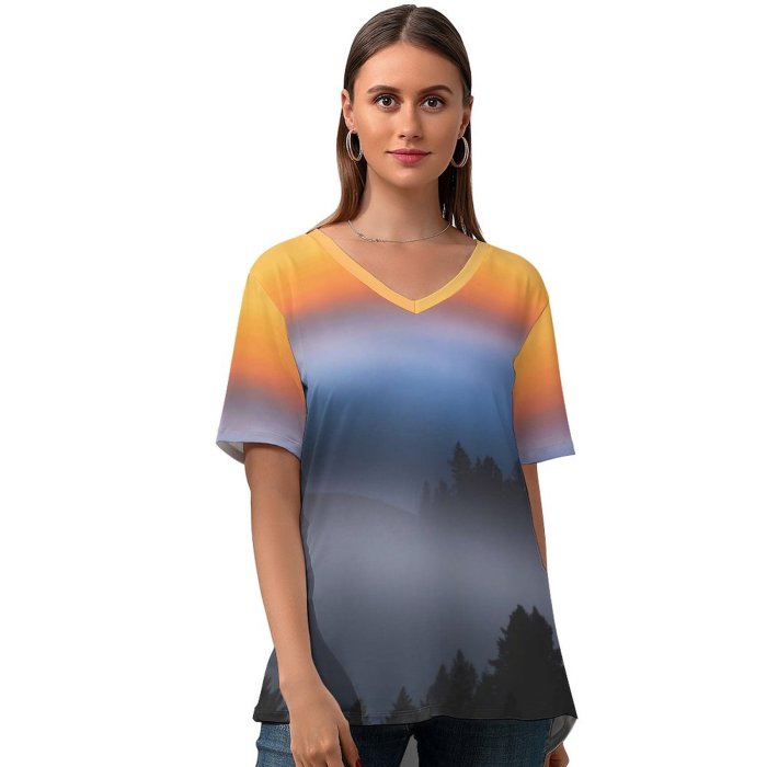 yanfind V Neck T-shirt for Women Sunrise Dawn Early Morning Foggy Summer Top  Short Sleeve Casual Loose