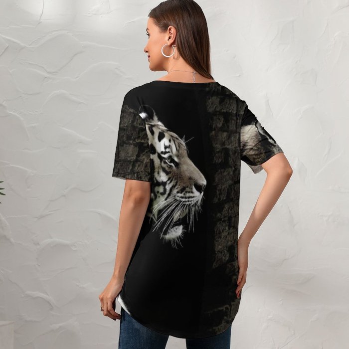 yanfind V Neck T-shirt for Women PIROD Black Dark Tiger Brick Wall Wild Summer Top  Short Sleeve Casual Loose