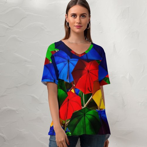 yanfind V Neck T-shirt for Women Otto Berkeley Umbrellas Colorful Multicolor Artistique Overhead Vibrant Summer Top  Short Sleeve Casual Loose