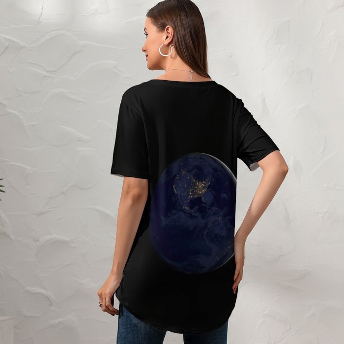 yanfind V Neck T-shirt for Women Space Black Dark Earth Night IOS Summer Top  Short Sleeve Casual Loose