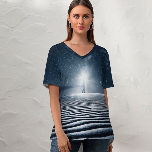 yanfind V Neck T-shirt for Women Night Starry Sky Light Desert Sand Dunes Summer Top  Short Sleeve Casual Loose