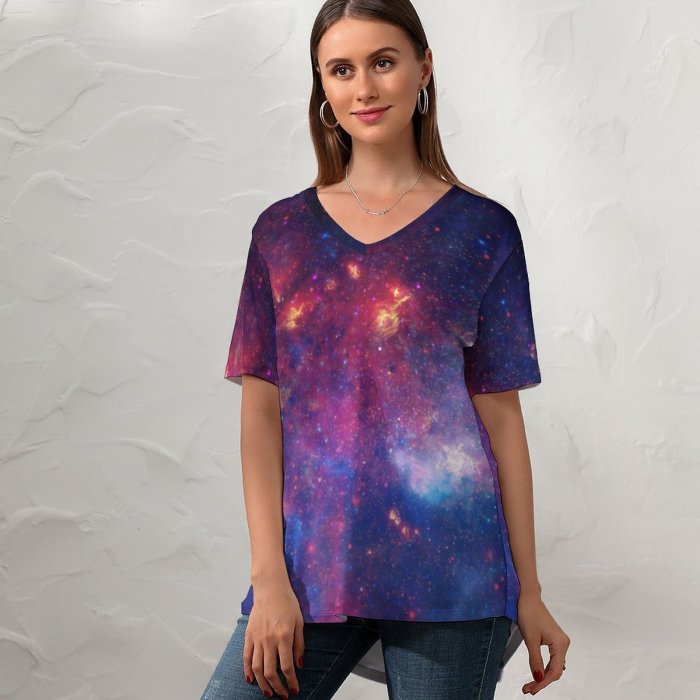 yanfind V Neck T-shirt for Women Space Galactic Center Cosmology Star Birth Hole Astrophysics Galaxies Nebulae Milky Way Summer Top  Short Sleeve Casual Loose