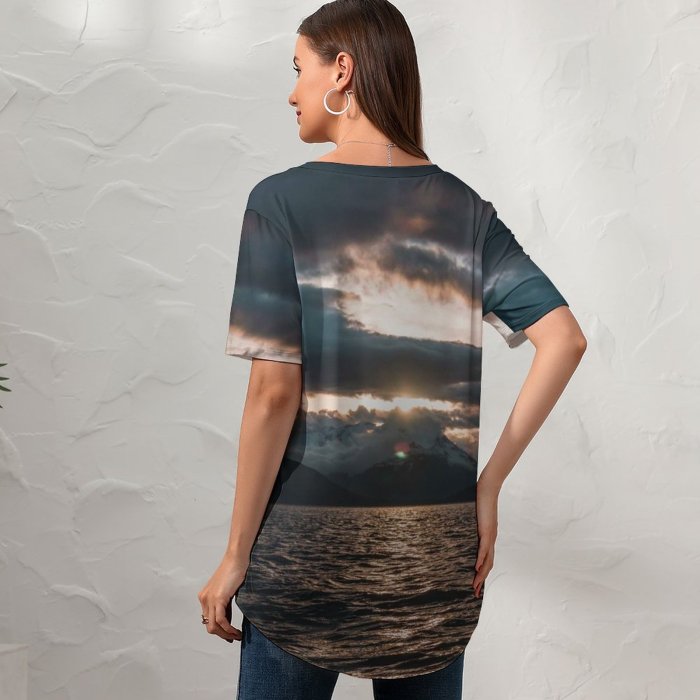 yanfind V Neck T-shirt for Women Open Ocean Ripple Landscape Public Sky Juneau Wallpapers Sea Outdoors States Summer Top  Short Sleeve Casual Loose