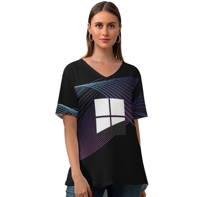 yanfind V Neck T-shirt for Women Zarif Technology Black Dark Microsoft Windows Minimal Waves Dark Purple Summer Top  Short Sleeve Casual Loose
