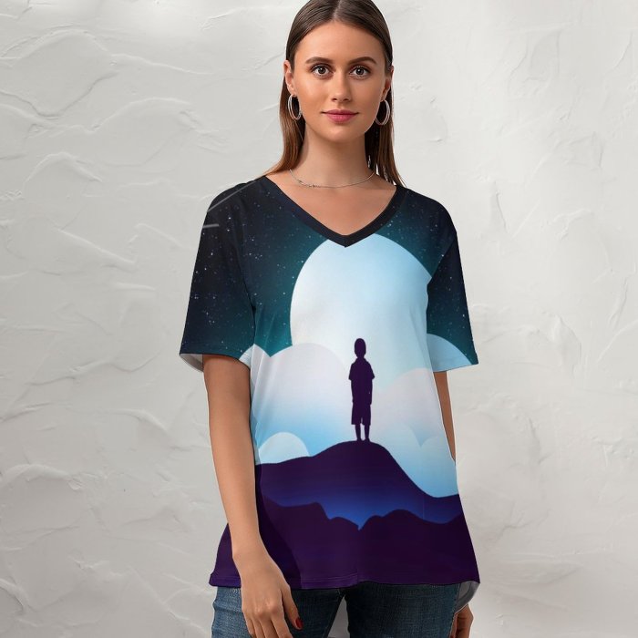 yanfind V Neck T-shirt for Women Shaurya Singh Fantasy Boy Kid Alone Silhouette Moon Night Clouds Starry Sky Summer Top  Short Sleeve Casual Loose